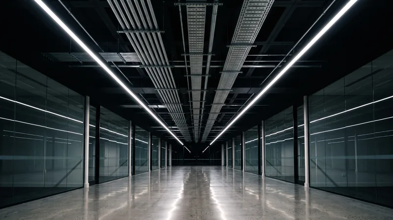 Modern commercial office interior with linear LED lighting