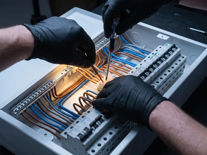 Electrician wiring a modern consumer unit
