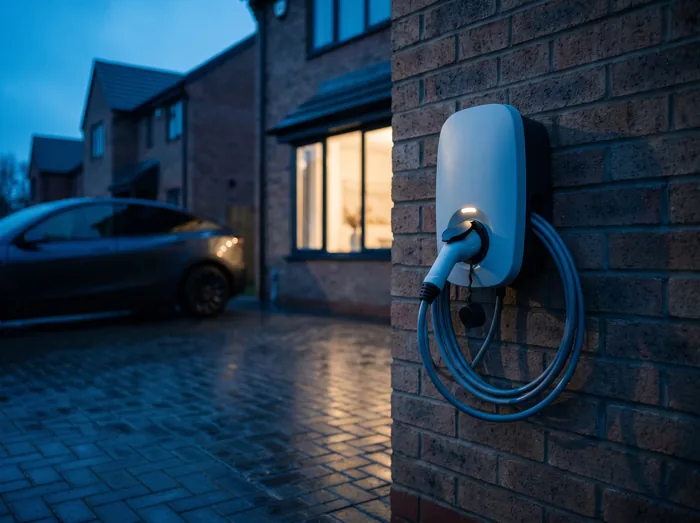 EV charge point installed on the wall of a modern house