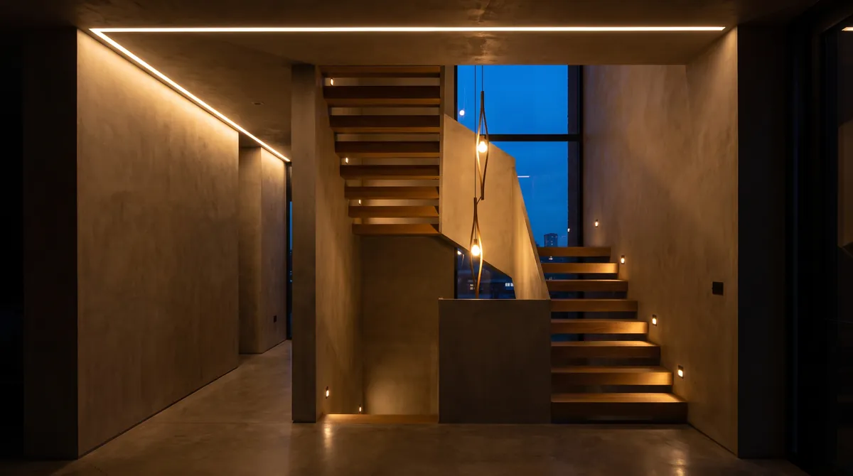 Hallway and open staircase lit with recessed linear LED and step lights
