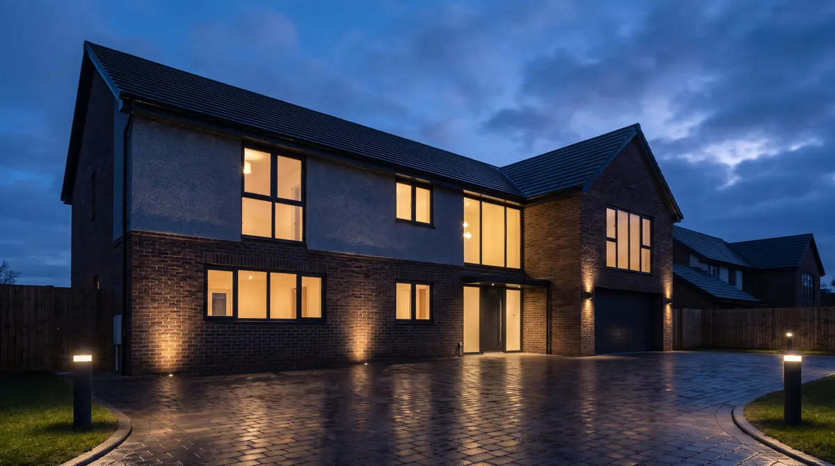 Modern house exterior at dusk with facade uplighting and driveway bollard lights