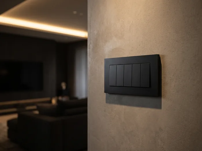 Minimalist smart lighting keypad on a plaster wall